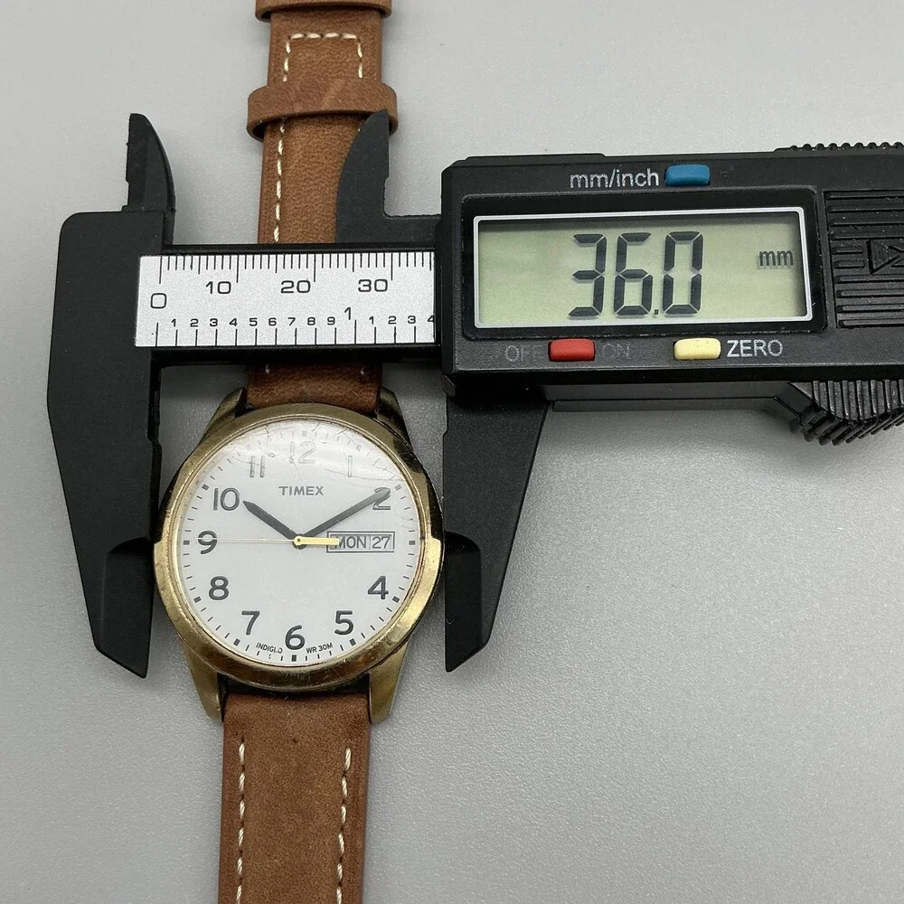 Timex Indiglo Mens Watch 36mm Gold Tone Day Date Brown Leather New Battery